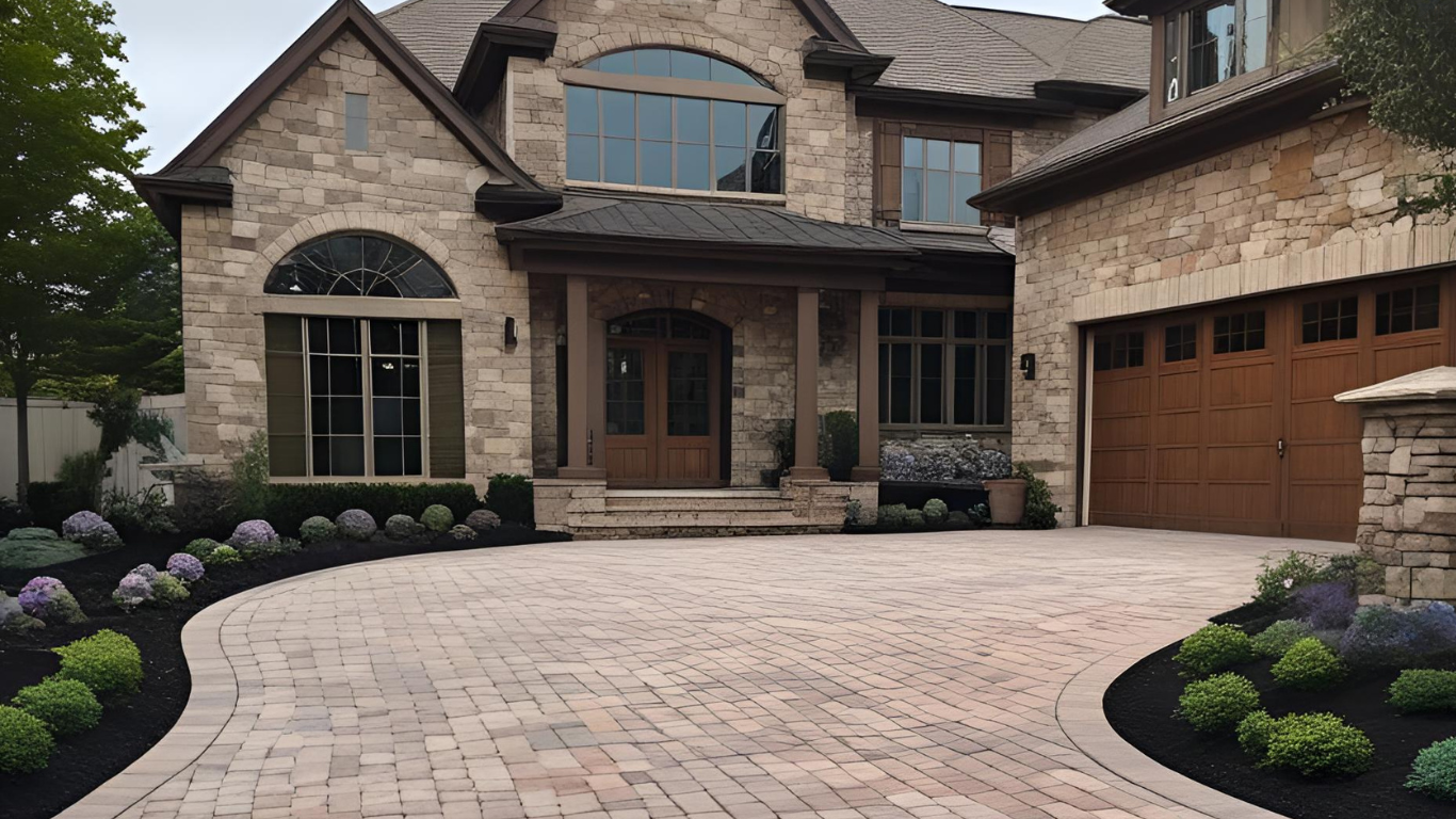 Freshly paved driveway leading to a white garage, showcasing quality Fort Myers paver driveways.
