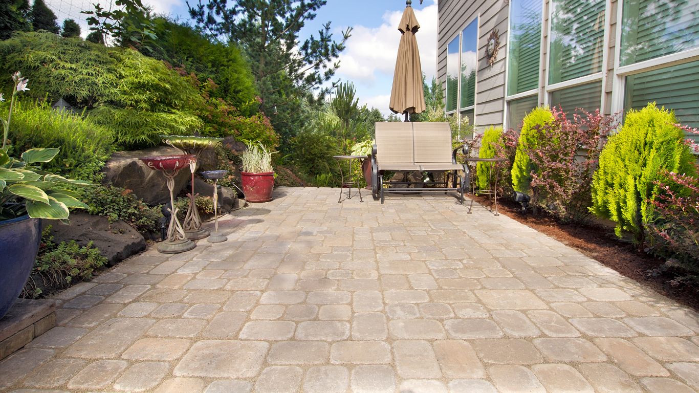 Elegant outdoor patio designed with durable travertine pavers